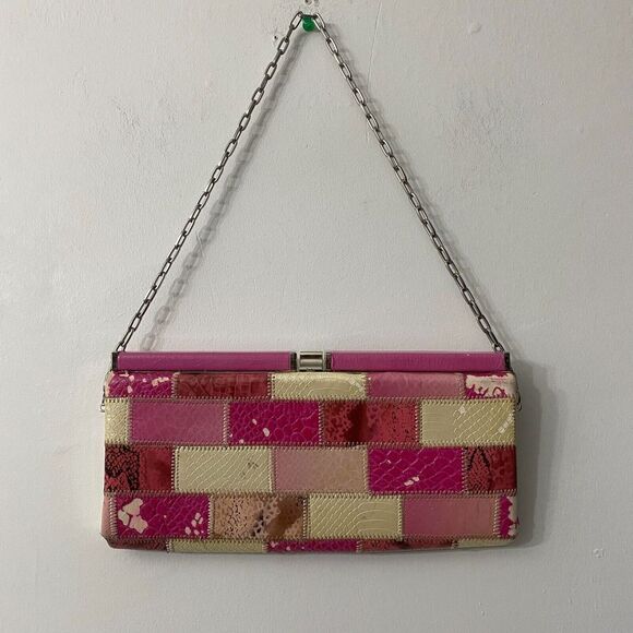 Y2K Womens Clutch Handbag Patchwork Bimbo Croc Snakeskin Boho‎ Mcbling Pink - Picture 1 of 16